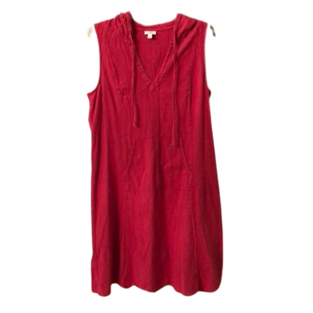 J JILL SIZE LARGE RASPBERRY PINK SLEEVELESS HOODED CRINKLE COTTON DRESS
